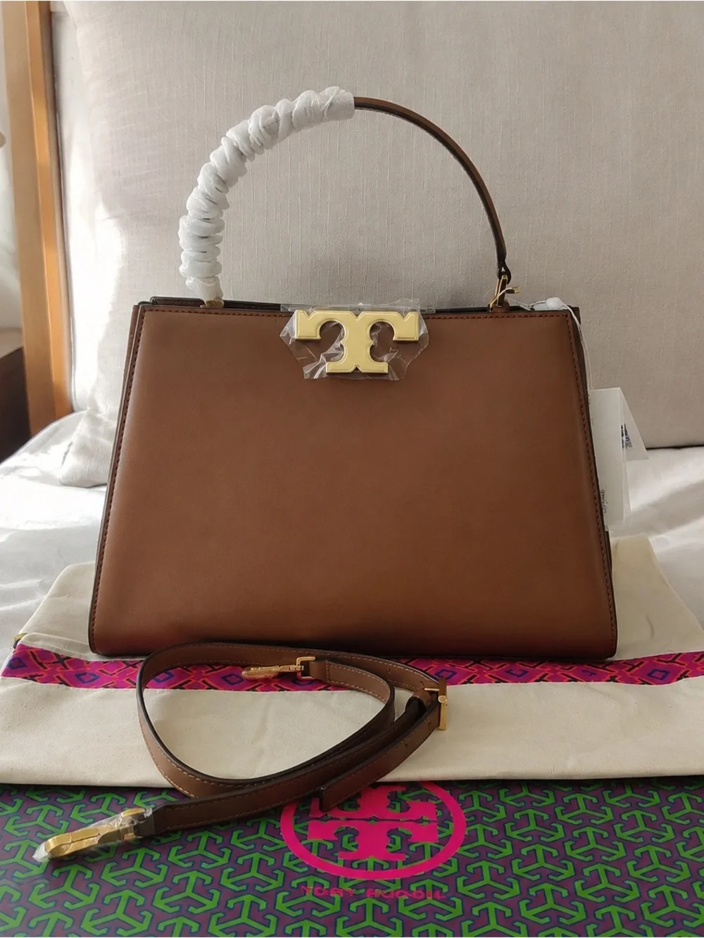 Tory Burch Brown Leather Top-Handle Satchel with Gold Hardware